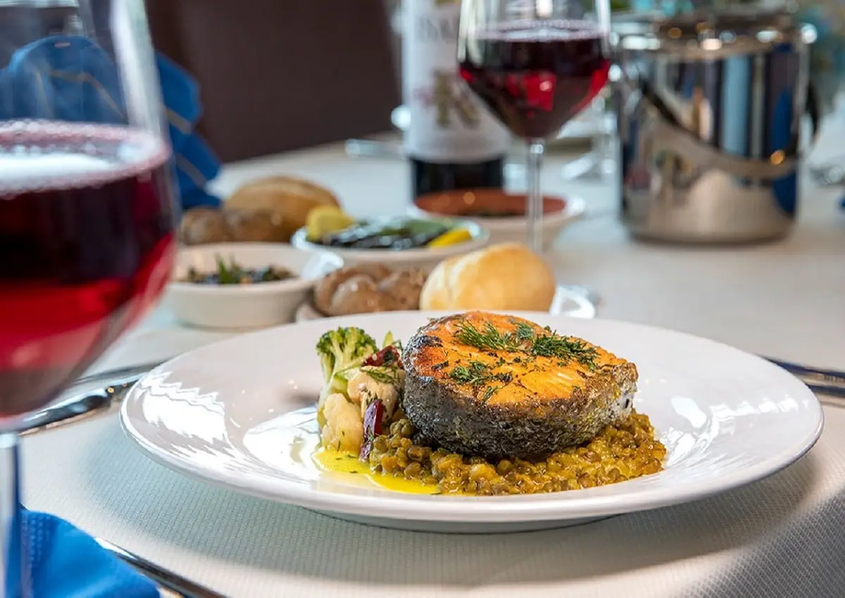 Sauced salmon and a glass of wine served on a Bosphorus lunch cruise