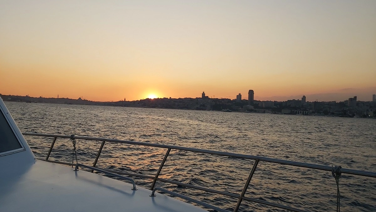 A yacht deck overlooking the Bosphorus view at sunset