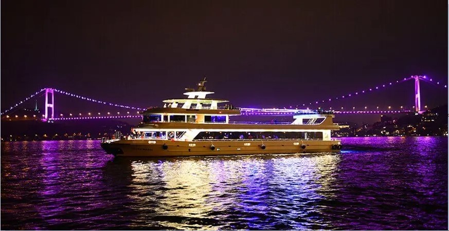 A Bosphorus view with a bridge and city lights in the background